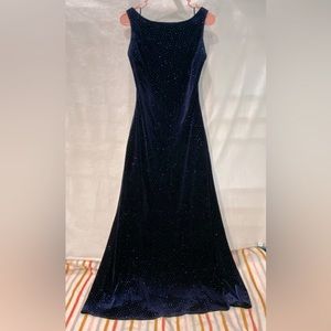 Reggio vintage long evening gown, blue velvet with a low back and sparkles